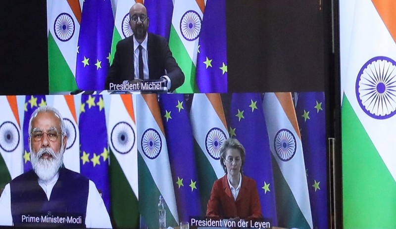 Hội nghị thượng đỉnh Ấn Độ - EU lần thứ 15 diễn ra theo hình thức trực tuyến vì Covid-19. Ảnh: Reuters