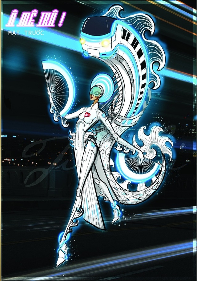This design by Thai Trung Tin shows a unique Ao Dai, a traditional long dress, in a modern style.