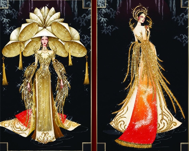 Designer Nguyen Dang Thanh Nhan presents a charming outfit for the contest, featuring various images of Ao Dai, Non La, a typical Vietnamese conical hat, and rice.
