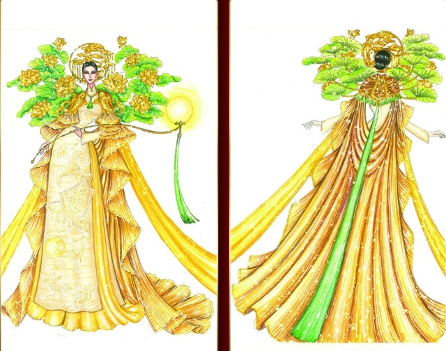 An outfit created by Thach Thanh Dat who has claimed prizes in previous design contests for Vietnamese representative at Miss Universe, including making the Top 10 in 2016, the Top 6 in 2017, and the Top 18 in 2019.