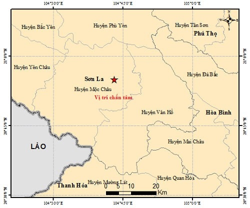 Vị trí trận động đất mới nhất xảy ra sáng nay tại huyện Mộc Châu. (Ảnh Viện Vật lý Địa cầu)
