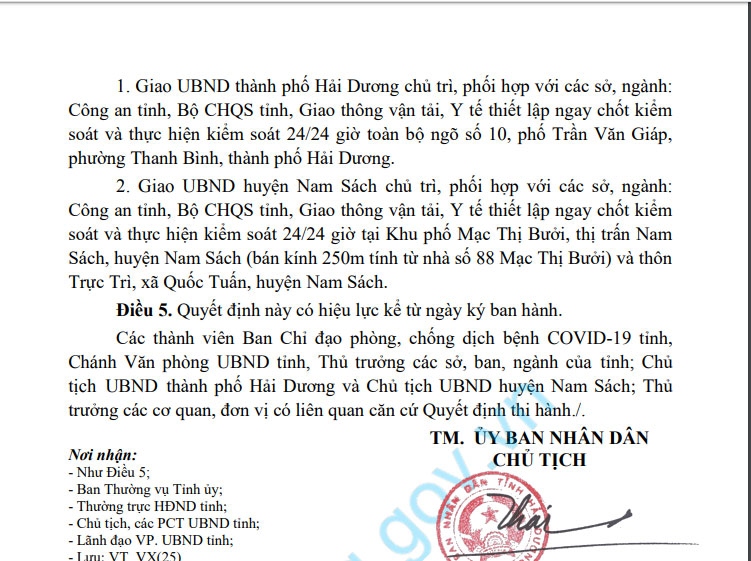 Thiết lập vùng phong tỏa cách ly y tế toàn bộ thôn Trực Trì từ 0h ngày 17/8