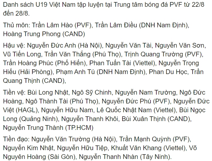 Danh sách U19 Việt Nam tập trung tháng 8/2020 (xếp theo đội bóng hiện tại của các cầu thủ).