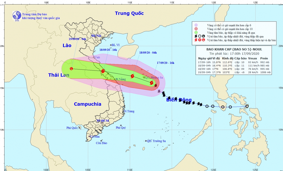 Trưa và chiều ngày 18/9 bão số 5 giật cấp 12 sẽ đổ bộ vào bờ