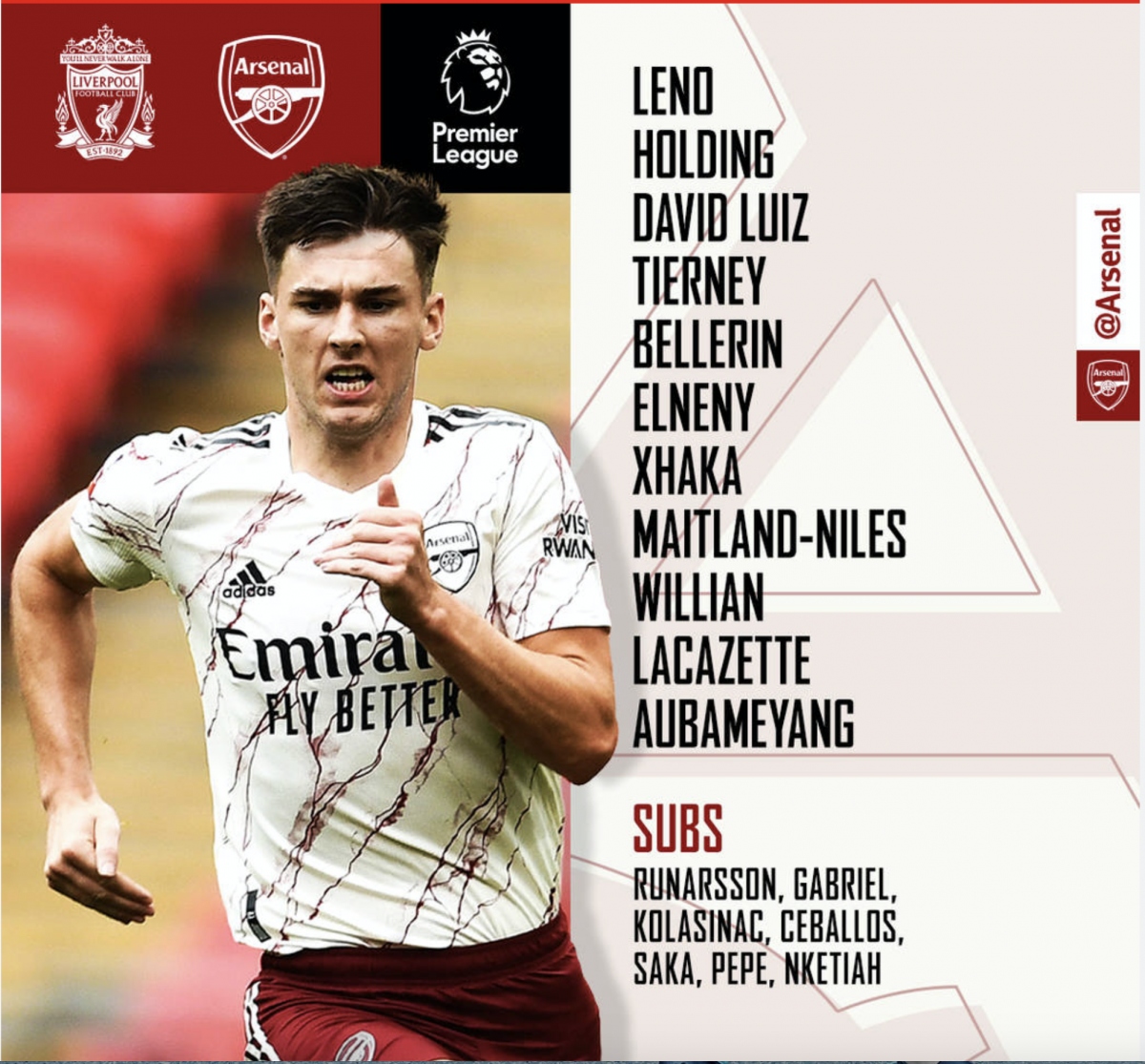 Đội hình ra sân giàu sức tấn công của Arsenal dù phải đến làm khách trên sân của các nhà ĐKVĐ Liverpool ở vòng 3 Ngoại hạng Anh 2020/2021. (Ảnh: Arsenal FC).