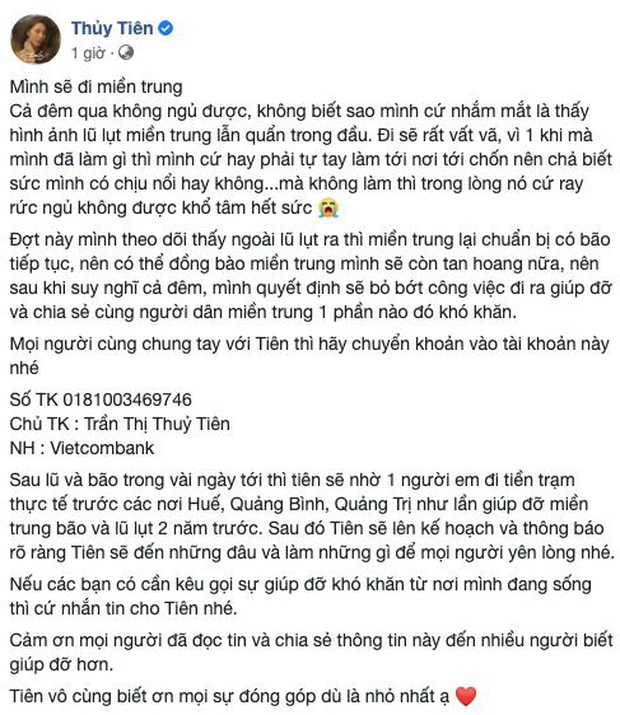Thuỷ Tiên kêu gọi trên trang cá nhân.