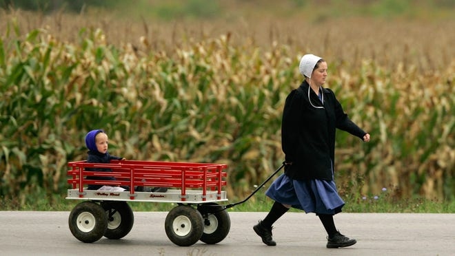 Một người phụ nữ kéo theo đứa trẻ trên một toa xe ở Burton, bang Ohio, nơi có đông người Amish sinh sống nhất. Ảnh: AP