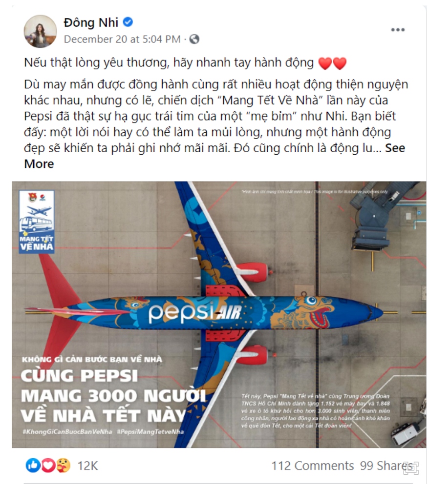 Nhiều nghệ sĩ Việt đồng loạt ủng hộ chiến dịch Tết đầy tính nhân văn của Pepsi.