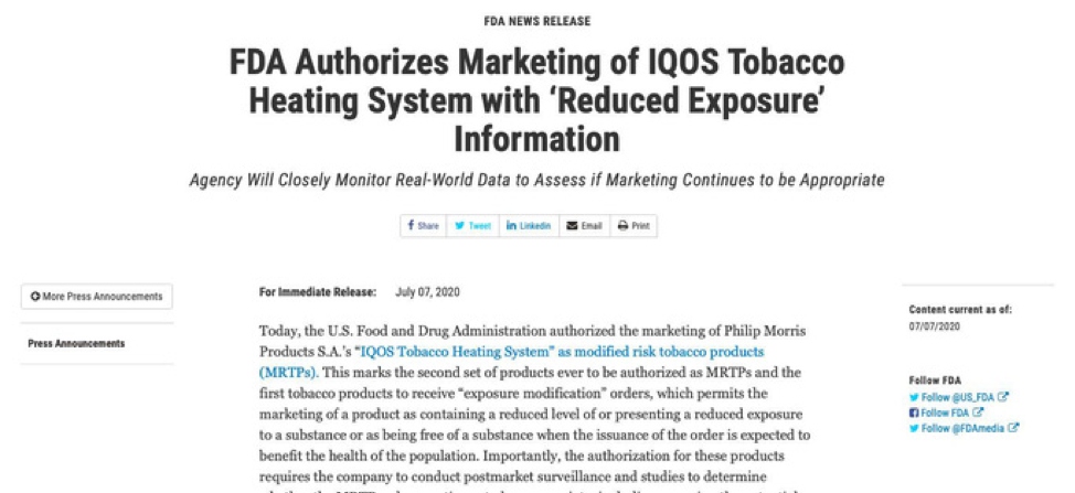 FDA công bố sản phẩm IQOS của công ty Philip Morris International (PMI) được kinh doanh tại Mỹ như là sản phẩm thuốc lá điều chỉnh nguy cơ (Ảnh: Website FDA)