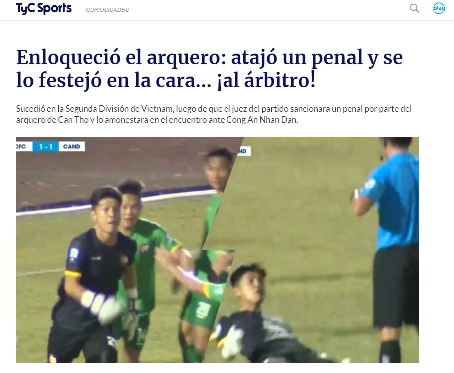 Các trang tin AS, Ole (Tây Ban Nha) và Tyc Sports (Argentina) đăng tải bài viết nói về tình huống thủ môn Thanh Vũ khiêu khích trọng tài ở giải hạng Nhất Việt Nam 2021. (Ảnh: Chụp màn hình). 