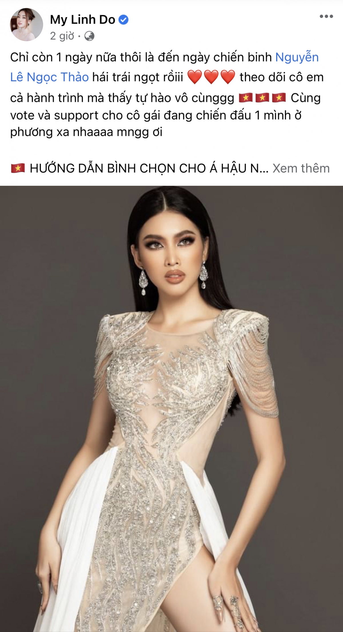 Hoa hậu Đỗ Mỹ Linh kêu gọi bình chọn cho Á hậu Ngọc Thảo.