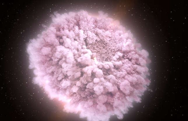 Quả bóng hồng trong hình minh họa này thực ra là một đám mây bụi được tạo ra từ những sao neutron khi chúng va chạm với nhau. Những nguyên tố nặng như vàng và platium được hình thành trong những đám bụi như thế này.