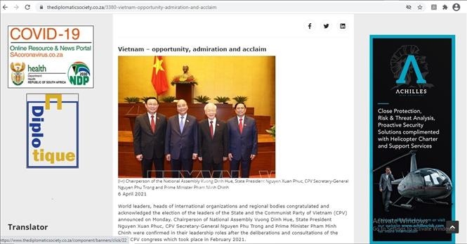 Bài báo của Nam Phi về kỳ vọng đối với các lãnh đạo chủ chốt của Việt Nam. Ảnh: TTXVN