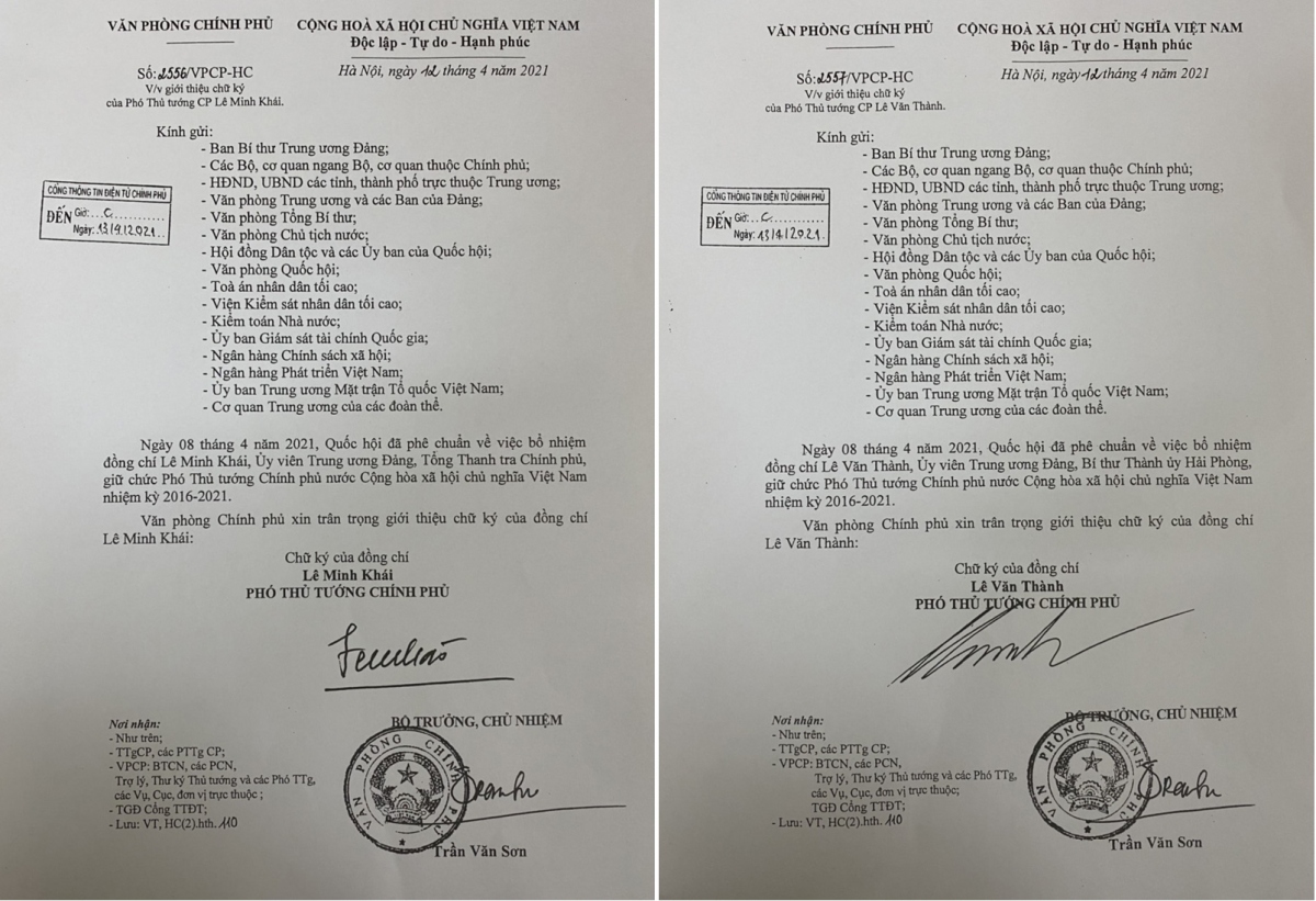 Văn bản giới thiệu chữ ký 2 Phó Thủ tướng Lê Minh Khái và Lê Văn Thành