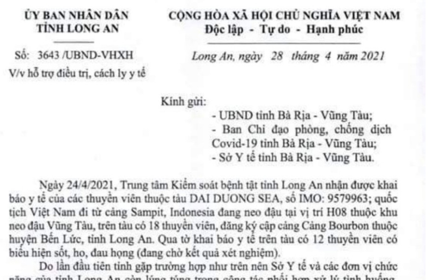 Vụ 12 thuyền viên nghi nhiễm Covid-19 Long An gửi công văn xin lỗi Bà Rịa – Vũng Tàu