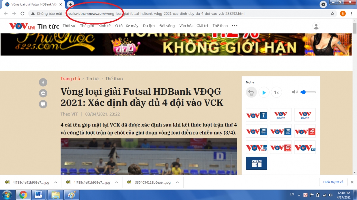 Website mạo danh VOV (tên miền trong vòng đỏ).