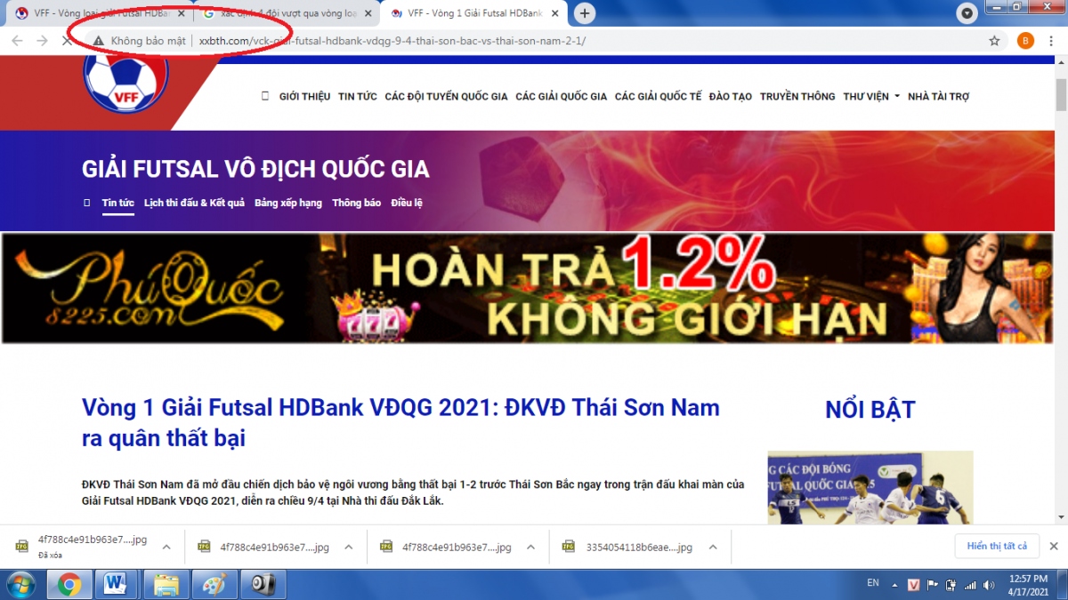 Website mạo danh Liên đoàn Bóng đá Việt Nam (tên miền trong vòng đỏ).