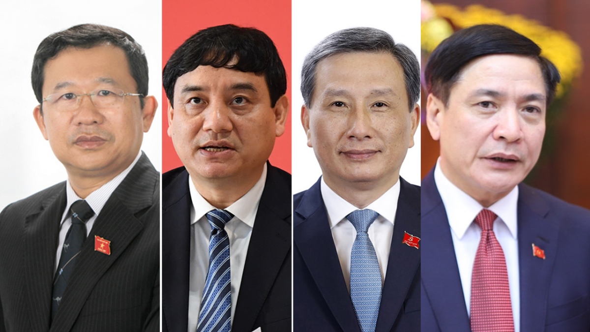 Newly elected NA General Secretary Bui Van Cuong (first from right) and three other leaders of the NA Committees: Le Quang Huy, Nguyen Dac Vinh and Vu Hai Ha (from right to left).