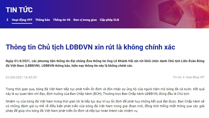 Thông báo từ trang chủ của VFF.