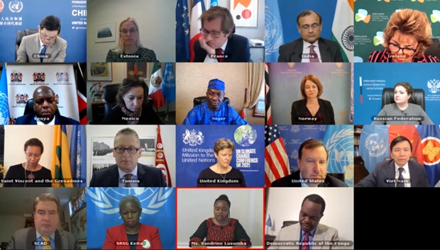 Ambassador Dang Dinh Quy, Permanent Representative of Vietnam to the UN (third row from above, first right), and other delegates attend a virtual meeting of the UN Security Council (Source: UN)