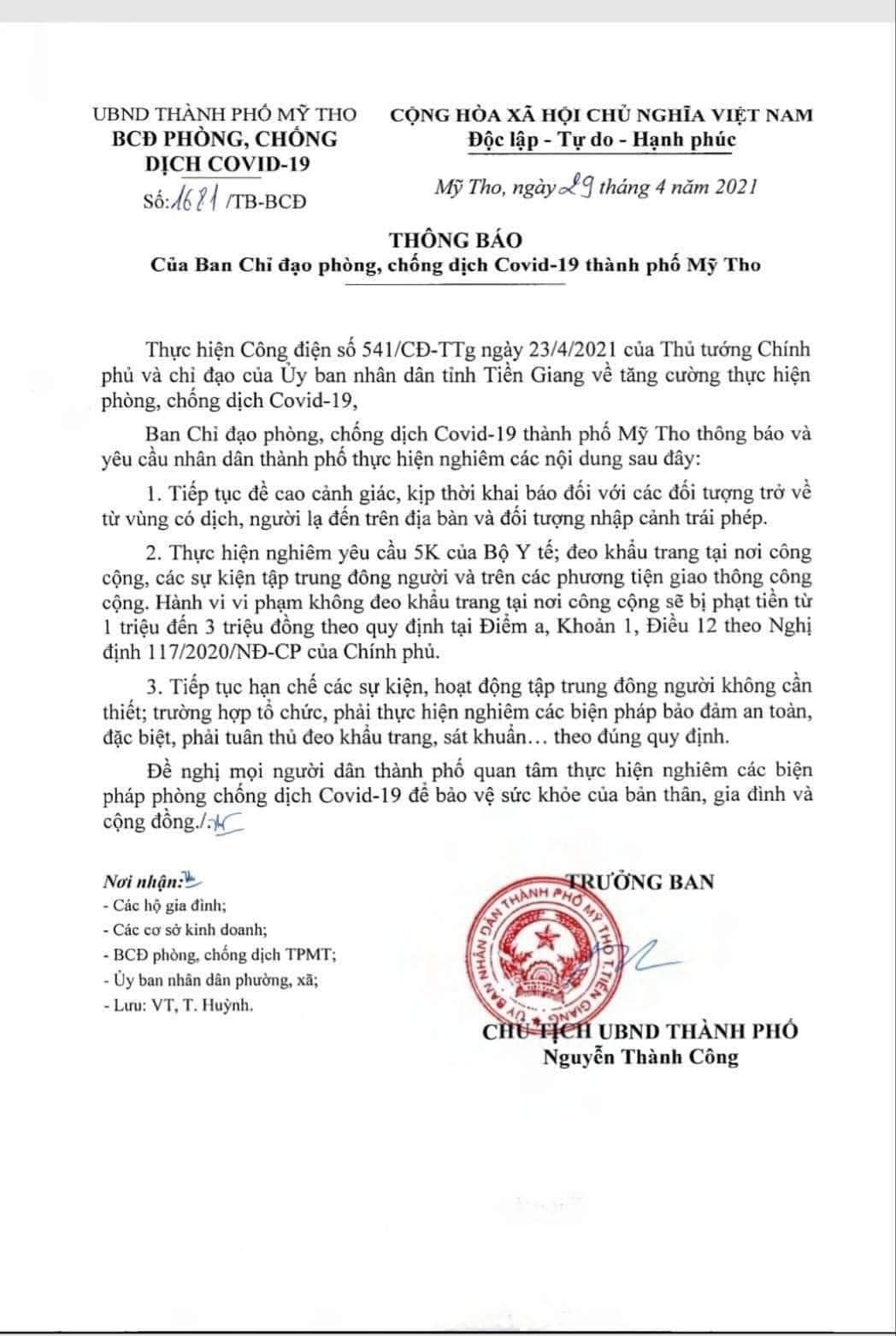 Ban chỉ đạo phòng chống dịch TP Mỹ Tho (Tiền Giang) có văn bản về phòng chống Covid-19 trong đó có quy định xử phạt người đến nơi công cộng không đeo khẩu trang.