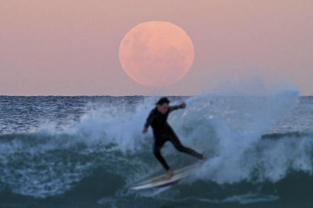 Trong suốt thời gian nguyệt thực toàn phần diễn ra, mặt trăng có thể có màu đỏ hay còn gọi là trăng máu. Lần nguyệt thực này diễn ra chỉ vài giờ sau khi mặt trăng đạt tới điểm gần với Trái đất nhất, vì vậy nó còn được gọi là siêu trăng máu. Trong ảnh: Một người lướt sóng bên khung cảnh siêu trăng máu tuyệt đẹp tại bãi biển Bondi ở Sydney, Australia. Ảnh: Getty Images