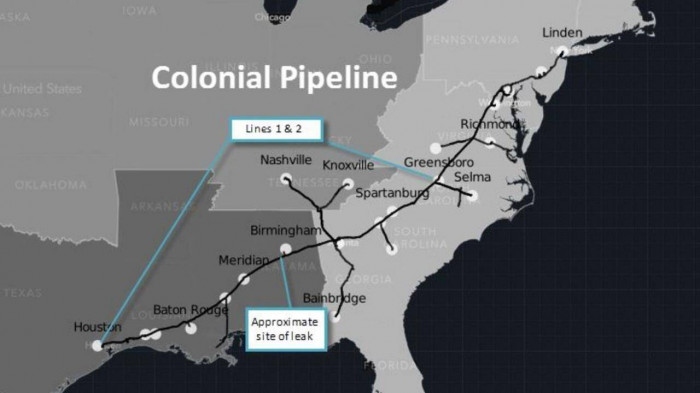 Bản đồ đường ống cung cấp xăng dầu của công ty Colonial Pipeline trải dài bờ biển miền Đông nước Mỹ.