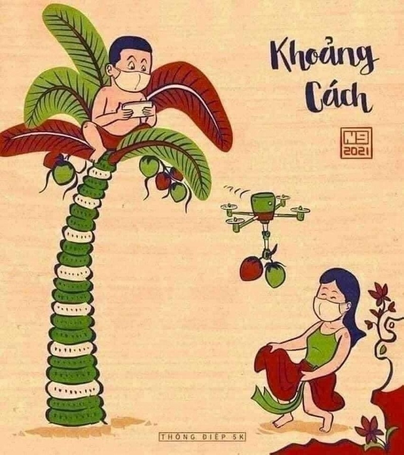 The painting of "catch coconuts" bearing the message of Khoang cach (distance).