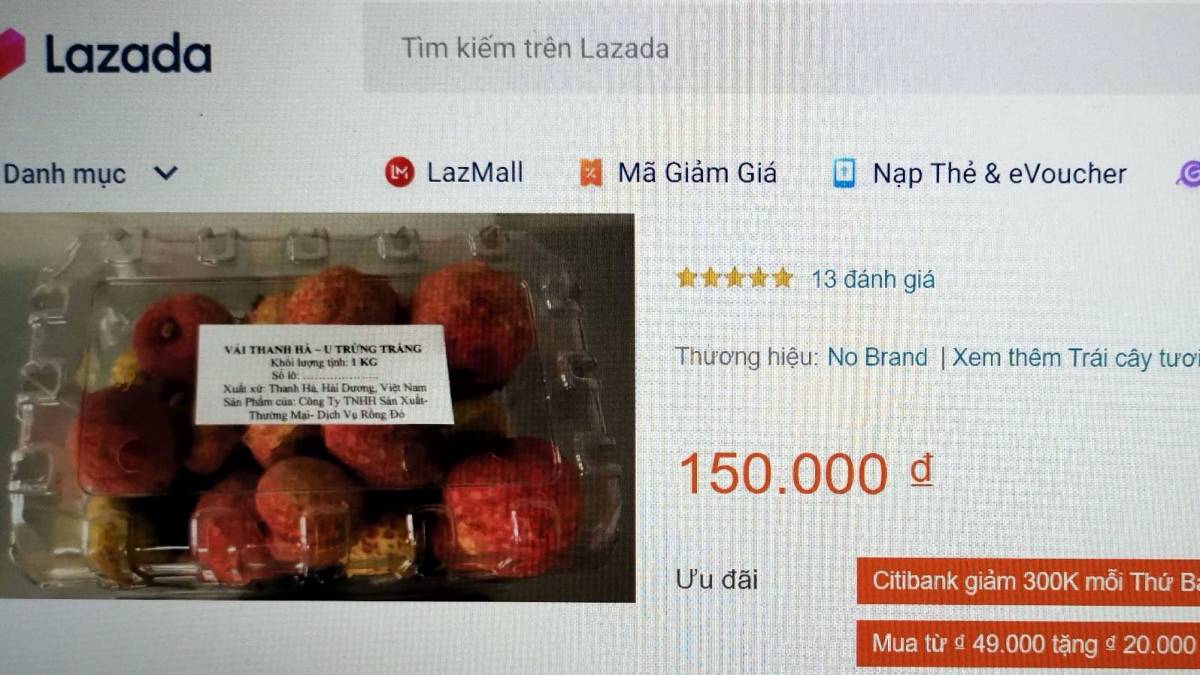 Hiện vải Hải Dương được bán trực tuyến trên trang TMĐT Lazada với giá 150.000 đồng/kg.