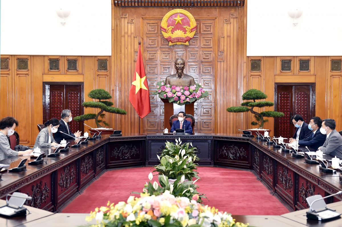 Toàn cảnh buổi tiếp đón của Thủ tướng Chính phủ Phạm Minh Chính với Thủ tướng Nhật Bản Suga Yoshihide