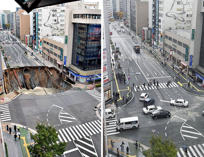 Nhật Bản sửa chữa một hố sụt ở thành phố Fukuoka trong 2 ngày.