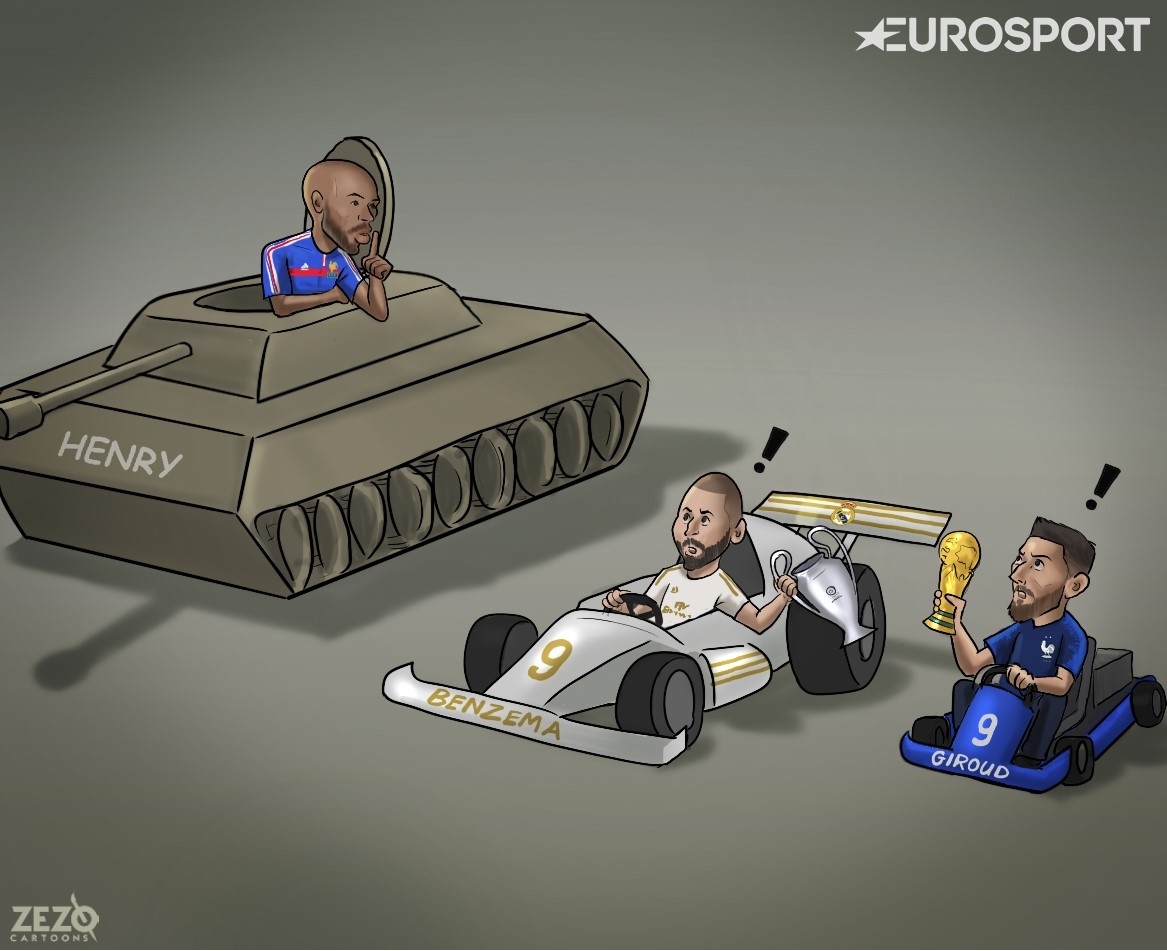 Biếm họa màn đấu khẩu giữa Benzema và Giroud. (Ảnh: ZEZO Cartoons)