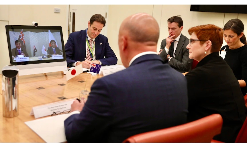 Bộ trưởng Quốc phòng Australia Peter Dutton (bên trái) và Bộ trưởng Ngoại giao Australia Marise Payne (người đeo kính) tham gia cuộc đối thoại 2+2 với người đồng cấp Nhật Bản. (Ảnh: ABC News)
