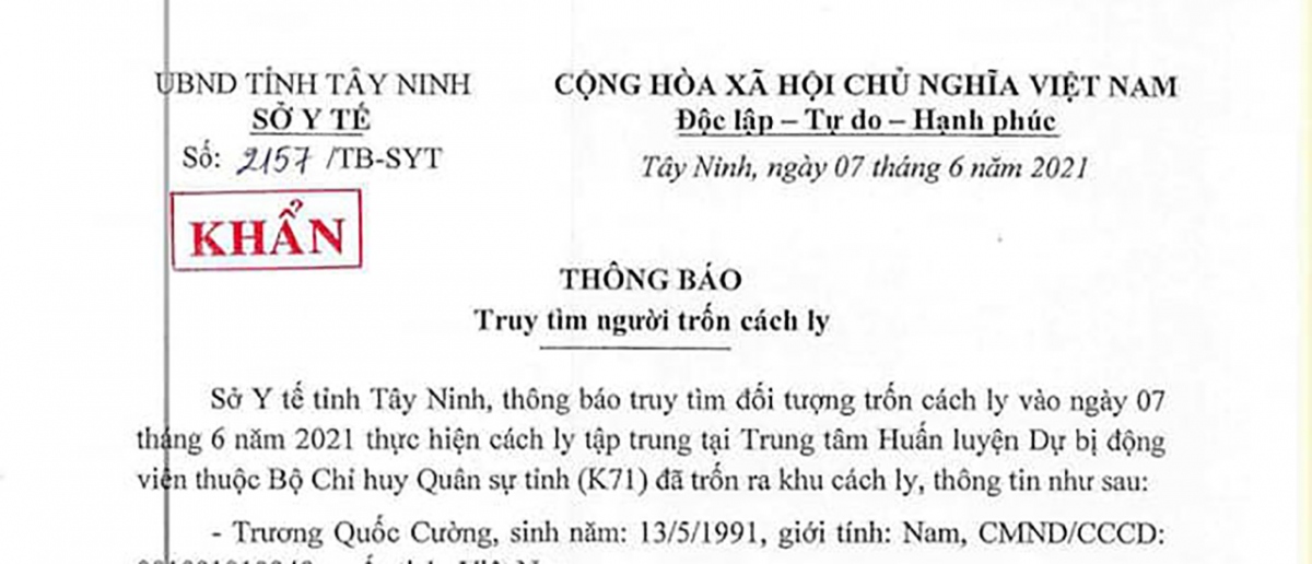 tay ninh thong bao khan tim nguoi tron khoi khu cach ly tap trung hinh anh 1