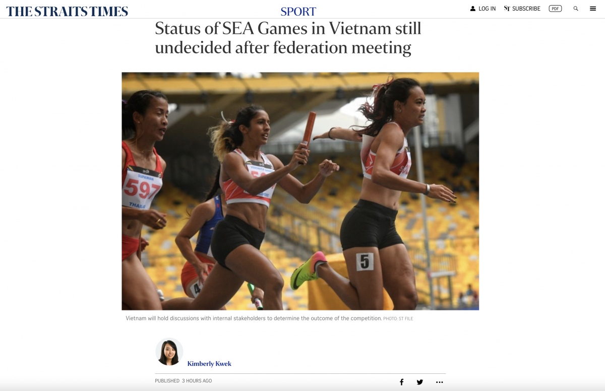 Tờ Straits Times của Singapore tiếc nuối trước thông tin SEA Games 31 không thể tổ chức đúng kế hoạch ở Việt Nam.
