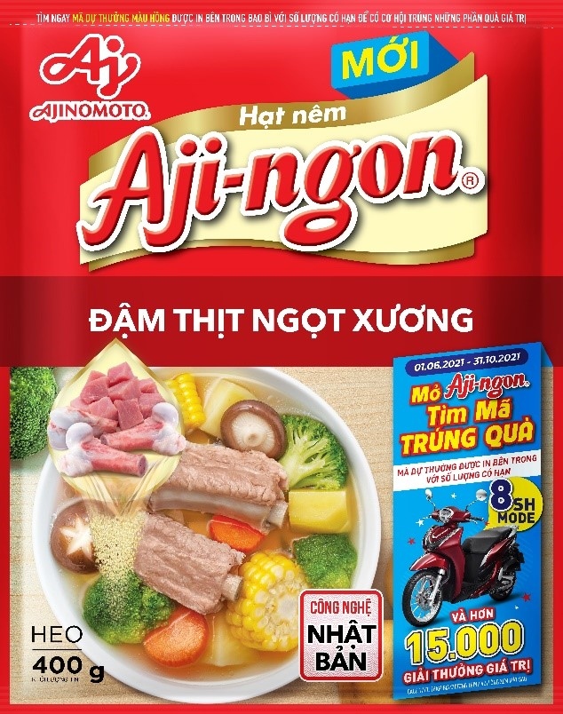 Hạt nêm Aji-ngon® Heo – Đậm thịt ngọt xương giúp mọi món ăn từ chiên, xào, kho, hầm… đều thơm ngon trọn vị.