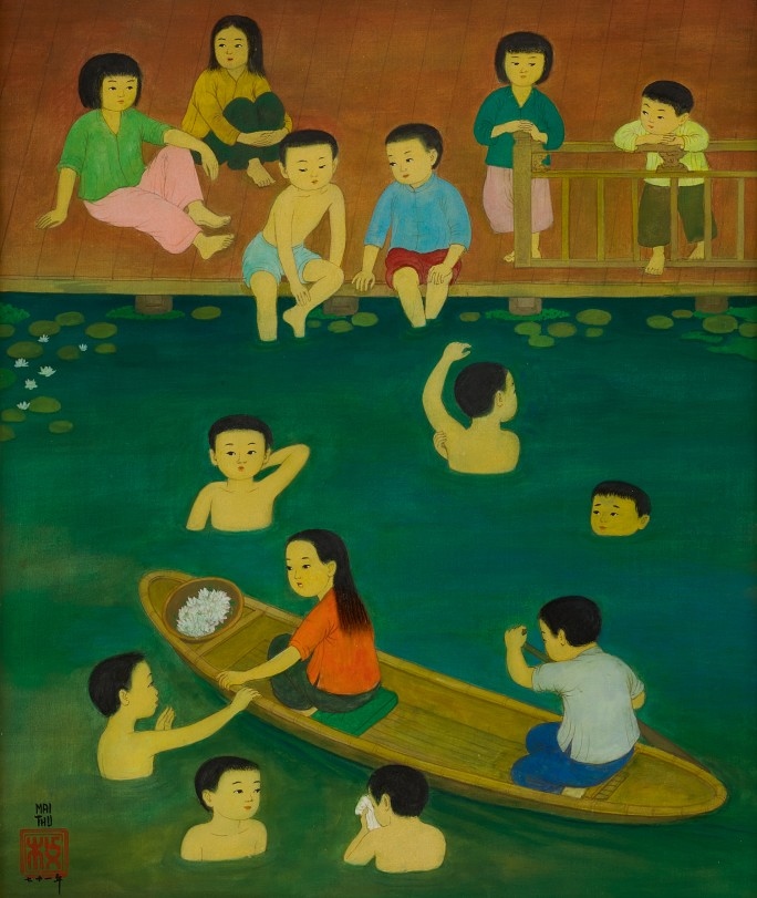 Bức tranh "Trẻ tắm" của Mai Trung Thứ. 