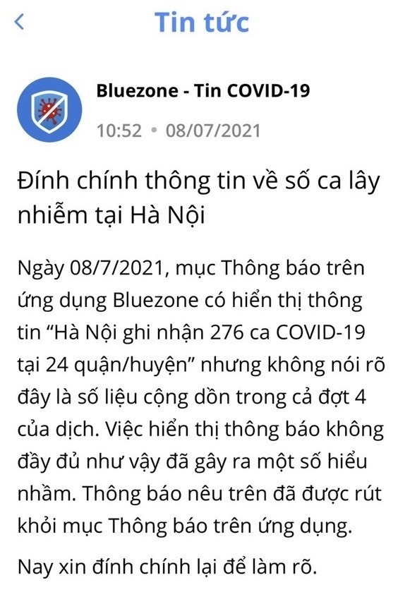 Nội dung đính chính trên ứng dụng Bluezone.