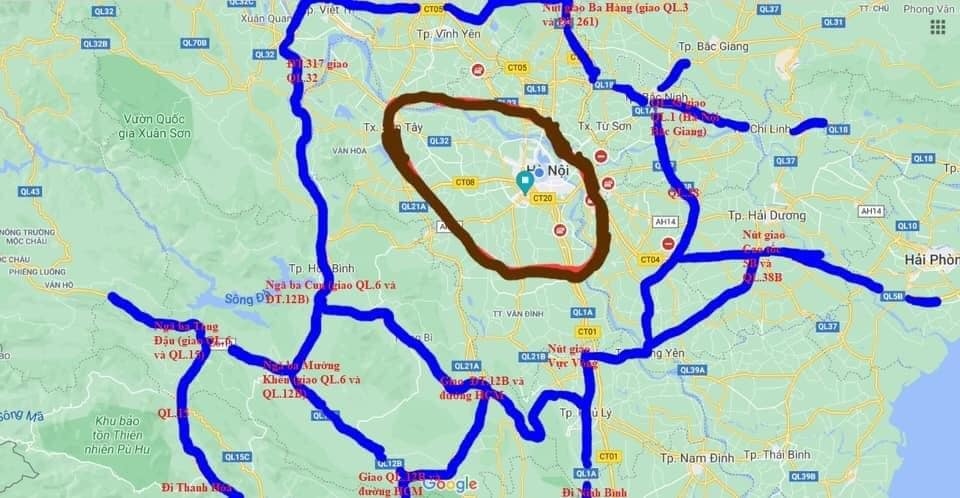 Bản đồ các tuyến đường tránh qua Thủ đô thời điểm thực hiện giãn cách xã hội.