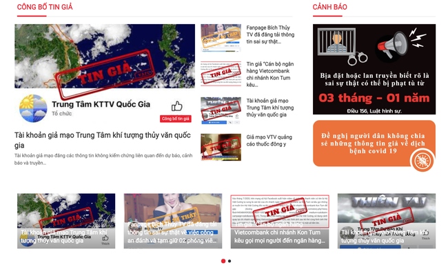 Giao diện website trung tâm xử lý tin giả Việt Nam