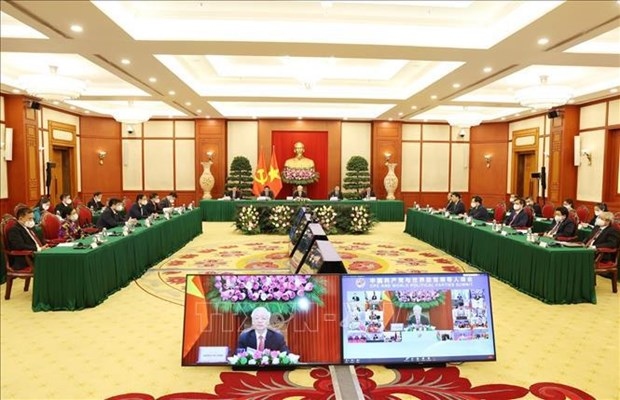 General Secretary of the Communist Party of Vietnam (CPV) Central Committee Nguyen Phu Trong led a high-ranking delegation of the CPV to attend the virtual summit of the Communist Party of China (CPC) and world political parties on July 6. (Photo: VNA)