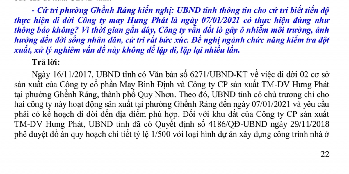 Ý kiến cử tri gửi HĐND tỉnh Bình Định khóa XII về việc phải di dời nhà máy.