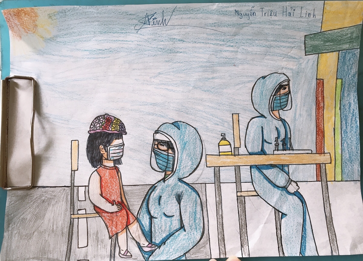 Bức vẽ của em Nguyễn Triệu Hải Linh 10 tuổi, ở Thái Nguyên. "Em mong muốn dịch mau qua đi để chúng em được đến lớp, gặp bạn bè, thầy cô, để mọi người được quay trở lại cuộc sống bình thường", Linh chia sẻ.