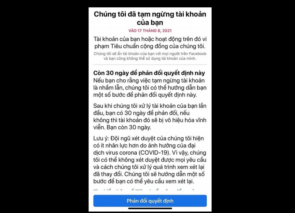 Thông báo của Facebook đưa ra đối với các tài khoản vi phạm tiêu chuẩn cộng đồng - Ảnh chụp màn hình