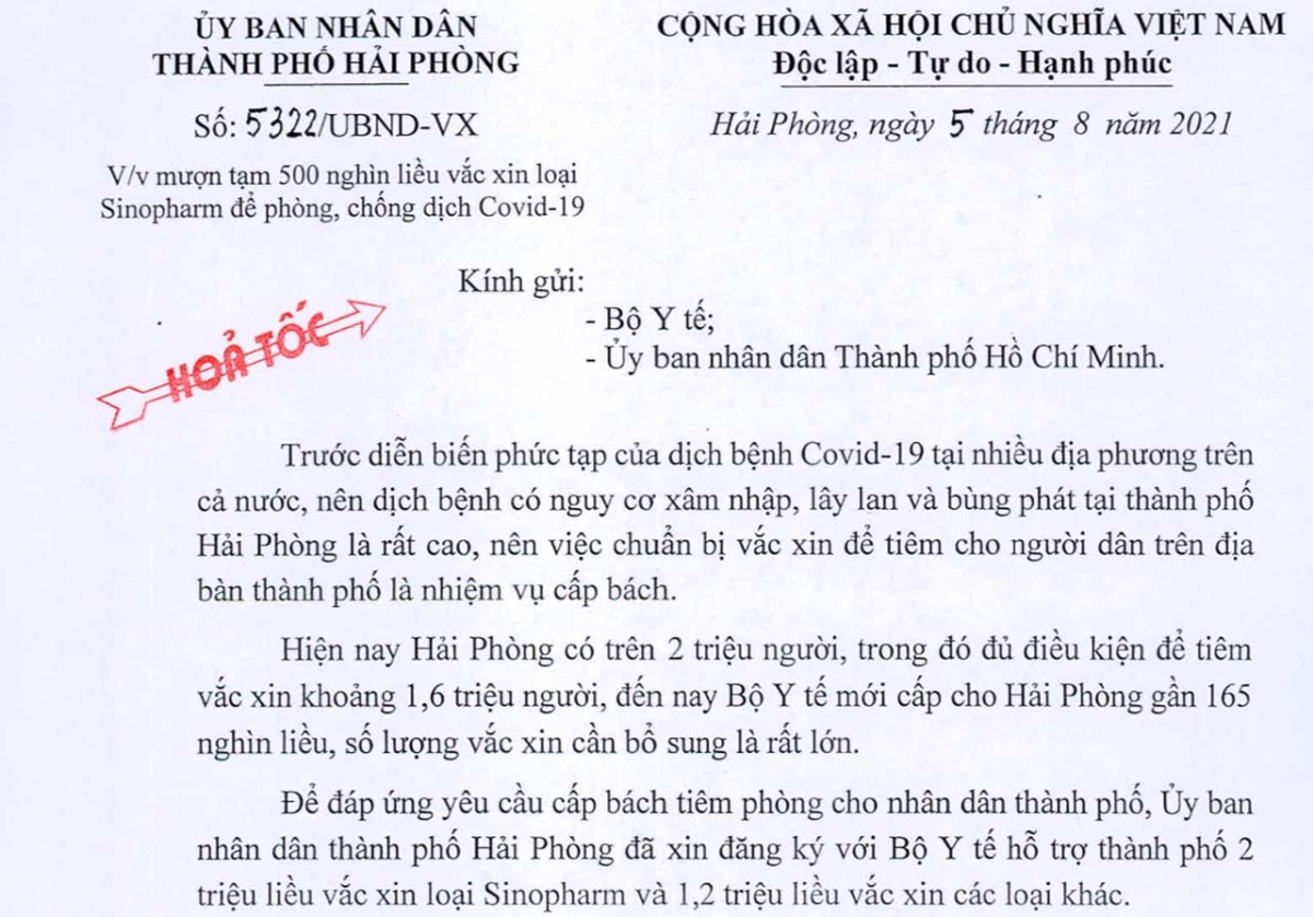 Công văn hoả tốc của TP Hải Phòng.