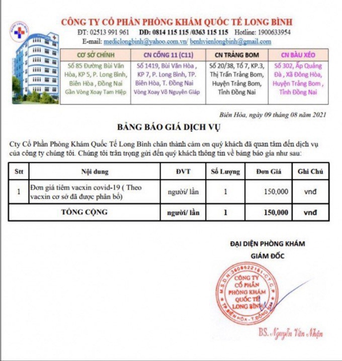 mot phong kham tu tai Dong nai quang cao, dang bang gia tiem vaccine covid-19 hinh anh 1