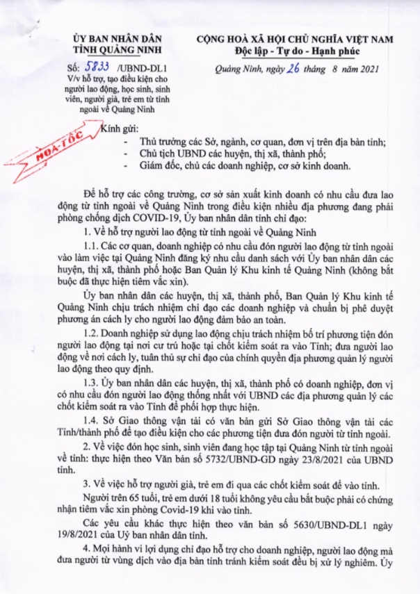 Quảng Ninh chỉ đạo hỗ trợ người lao động, học sinh, người già, trẻ em từ tỉnh ngoài về địa bàn