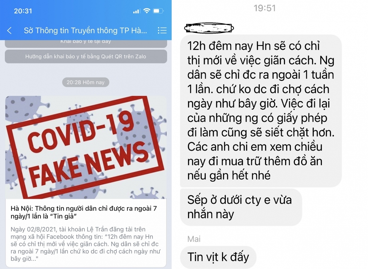Thông tin “Hà Nội siết quy định chỉ cho người dân được ra ngoài 7 ngày/1 lần” được nhiều người chia sẻ trên mạng xã hội và ngay lập tức được Sở TT&amp;TT Hà Nội khẳng định là tin giả.