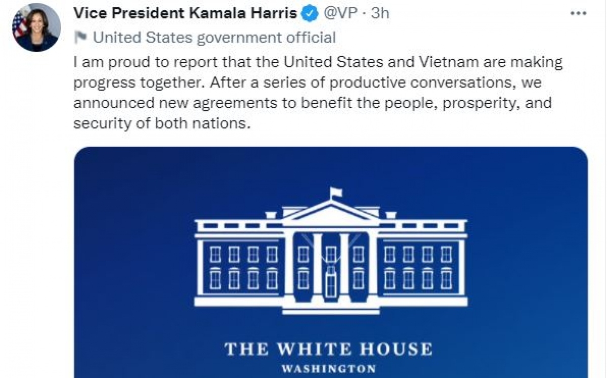 VP Harris hails progress in the US-Vietnam relations in her Twitter account.