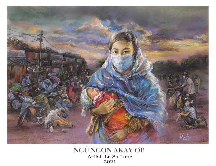 People on motorbikes leaving Ho Chi Minh City, including a family with an 8-day-old baby, are reflected in Long's painting. (Photo: Le Sa Long)